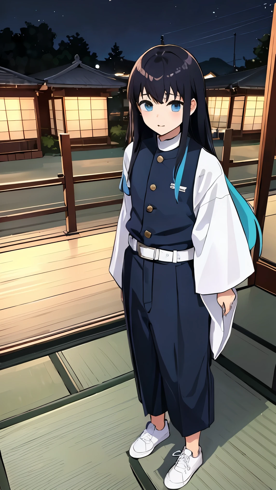 masterpiece, best quality, (1 boy:1),（（Full body）），（（Wearing white sneakers）），（（Standing））， Demon Slayer Uniform, single, long hair, look at the scene, explode, Black Hair, Aqua eyes, Colorful hair, People_Moshiro, arms , Male focus, Pants, Japanese Village Wallpaper, at night, moonlight,  