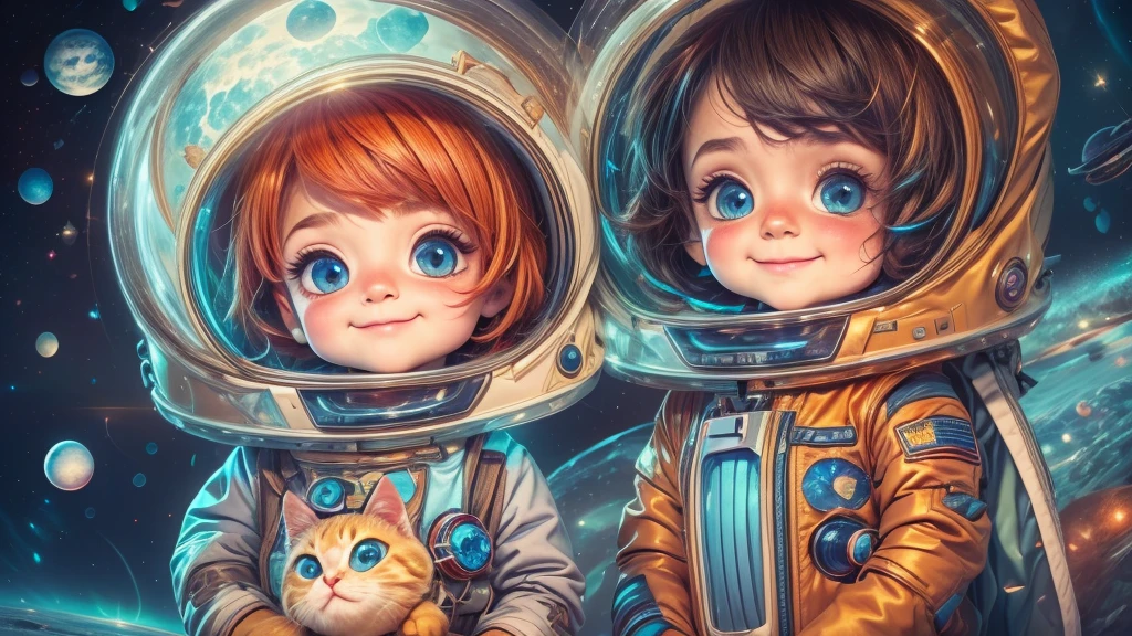 Cartoon illustration of a boy and a girl in space with cat, official fan art, in space, kitten in outer space, in outer space, in deep space, in galaxies, deep space exploration!!!, space travel, wearing in stars and planets, outer space, outer space, starry sky in space, in space, official art, space, on a spaceship, colorful, cute, more detailed, light, more realistic, cartoon