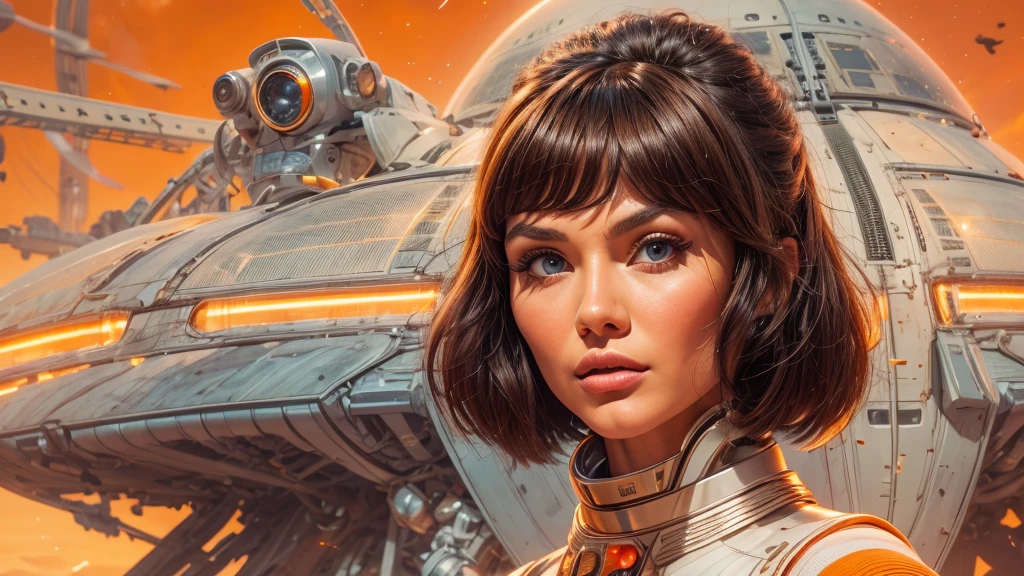 arafed image of a white woman in a futuristic suit with a spaceship in the background, movie art, in front of an orange background, inspired by Robert McGinnis, female protagonist, megastructure in the background, portrait of an ai astronaut, astronauts, an astronaut, portrait of a astronaut skeletor, perfect android girl, detailed eyes, perfectly detailed teeth, frank franzzeta and sakimichan