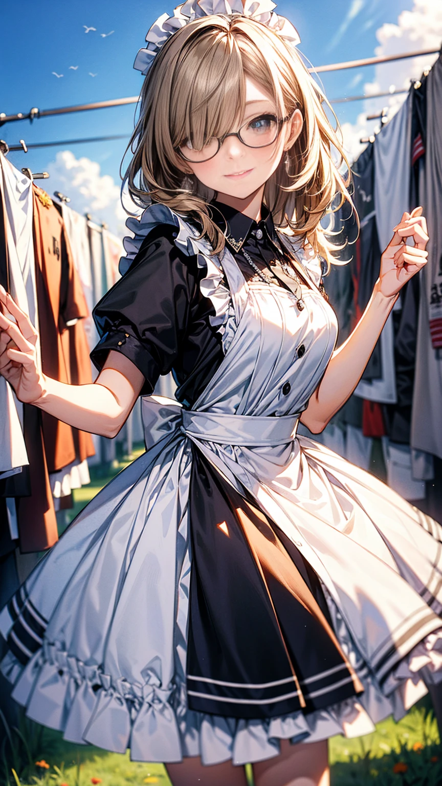 (highest quality、masterpiece、High resolution)、(Sargent style watercolor)、(anime art)、soft light、Views of the Cotswolds、old farmhouse、flowers bloom、(((Tight outfit)))wearing traditional dark-brown maid uniform, maid costume:1.2, long flare skirts, apron, Tall and long legs, long white hair, wearing rimless grasses, (milf:1.5, 28 years old, solo), ( narrow waist), (hair over one eye, updo, side lock, asymmetric hair, wavy hair), (bright pupils, detailed eyes, high detailed face, Perfect face shape, eye rush), (seductitve smiling, half-closing eyes), (looking at viewers:1.3), (dynamic angle, tighs focus, from side below:1.2), ((correct anatomy:1.5, correct hands)), (ideal ratio of body proportions)(((Woman hanging out the laundry)))、medium hair、dark brown hair、Good weather people、Braided Hair、Black-rimmed glasses、Garter Stockings、((Raise your hand to hang out the laundry))、Cheerful expression、((Laundry hanging on a white rope))(((Sunny day outdoors)))