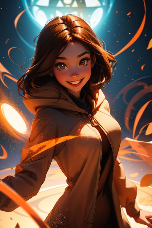 A brown haired woman with copper eyes and an hourglass figure in a sweatshirt dress is smiling in  a magic circle