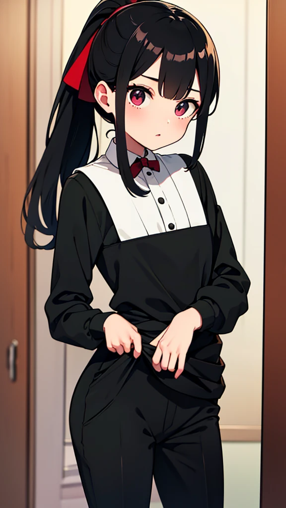 adulto, Cabello negro ondulado, mirada penetrante con ojos profundos de color rojo, estatura promedio, Silky hair with a ponytail hairstyle collected with a red bow with two white lines, tiene pechos medianos, primer plano, session, standing in the middle of his room [[[Risa malvada]]] , Sonrojada, muslos grandes, black pants, bulsa formal blanca, corbata negra 