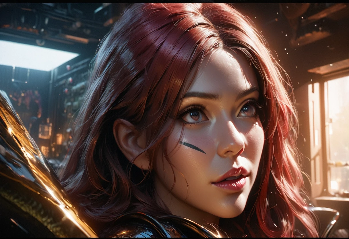 a beautiful, buxom alien woman with red skin, black eyes, wearing a sexy metallic clothing tape, has a scorpion tail and scorpion features, standing in a bedroom, looking around, with a UFO outside the window, (best quality,4k,8k,highres,masterpiece:1.2),ultra-detailed,(realistic,photorealistic,photo-realistic:1.37),detailed eyes,detailed lips,extremely detailed face,longeyelashes,mystical,science fiction,dramatic lighting,cinematic,vibrant colors,HDR,UHD,studio lighting,ultra-fine painting,sharp focus,physically-based rendering,extreme detail description,professional,vivid colors,bokeh