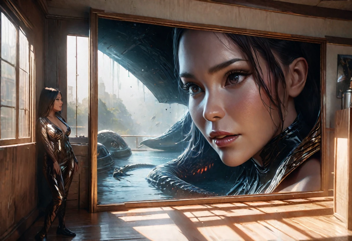a beautiful, buxom alien woman with red skin, black eyes, wearing a sexy metallic clothing tape, has a scorpion tail and scorpion features, standing in a bedroom, looking around, with a UFO outside the window, (best quality,4k,8k,highres,masterpiece:1.2),ultra-detailed,(realistic,photorealistic,photo-realistic:1.37),detailed eyes,detailed lips,extremely detailed face,longeyelashes,mystical,science fiction,dramatic lighting,cinematic,vibrant colors,HDR,UHD,studio lighting,ultra-fine painting,sharp focus,physically-based rendering,extreme detail description,professional,vivid colors,bokeh
