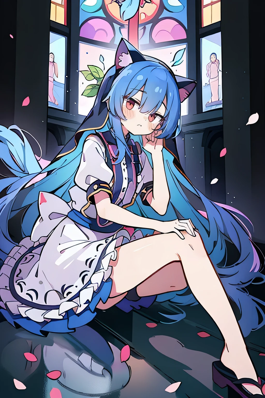 (masterpiece:1.2),Extremely detailed,Practical,expressive eyes,Fair skin,Perfect face shaping,1 Girl,
Japanese cartoons,Gorgeous blue hair, the long flowing blue hair,Floating clothes,Cat ears,Petals fall,beautiful lola,Angel,
Place your hands on your waist,sit elegantly on the ground,Cross your legs,Gentle and peaceful background,stately church,nun.