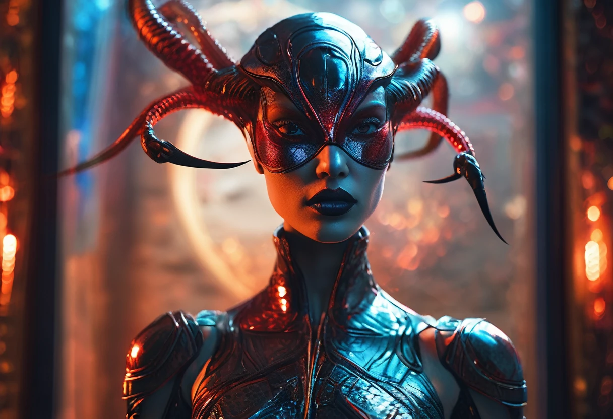a beautiful, buxom alien woman with red skin, black eyes, wearing a sexy metallic clothing tape, has a scorpion tail and scorpion features, standing in a bedroom, looking around, with a UFO outside the window, (best quality,4k,8k,highres,masterpiece:1.2),ultra-detailed,(realistic,photorealistic,photo-realistic:1.37),detailed eyes,detailed lips,extremely detailed face,longeyelashes,mystical,science fiction,dramatic lighting,cinematic,vibrant colors,HDR,UHD,studio lighting,ultra-fine painting,sharp focus,physically-based rendering,extreme detail description,professional,vivid colors,bokeh