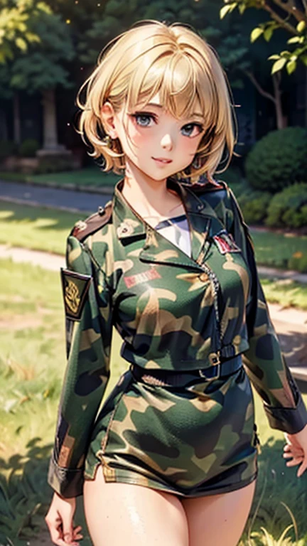 A girl is posing for a photo, cute***, Enchanting girl, Anime Girls, 
(((One Girl, Baby Face, cute, ************))), 

(smile), 
(noon、(A garrison in the sunlight、grass)), ((Walking、From before、Cowboy Shot))
BREAK 

(Blonde、Very short hair,Pixie Cut), (black eye, Slanted Eyes), BREAK 

(((CzechMlok,uniform:1.4)))、Earrings、
BREAK 

(Symmetrical facial features, Perfect Face), (Beautiful breasts, (Ｃcup)), 
Beautiful body, Beautiful clavicle, Beautiful thighs, Beautiful feet, Perfect round butt, (Beautiful fingers), (((Detailed skin, Oily skin, Textured skin, Beautiful Skin))), 

Double eyelids, Long eyelashes, 
(Expression of fine eyes, Beautiful and delicate eyes, Sparkling eyes, Eye Reflexes), 
(Beautiful Nose,Thin Nose), 
(Glossy Lips, Beautiful Lips, thick lips), 
(Beautiful Hair, Shiny Hair, Shiny Hair)), 
BREAK 

(((highest quality)), ((masterpiece)), (Very detailed), (High resolution), (Beautiful detailed sparkle), (High detail), (Anatomically correct)), ((Realistic)), 
(The best CG), Ultra-detailed art, CG illustration, (16k, 1080P), Oil paints, 
