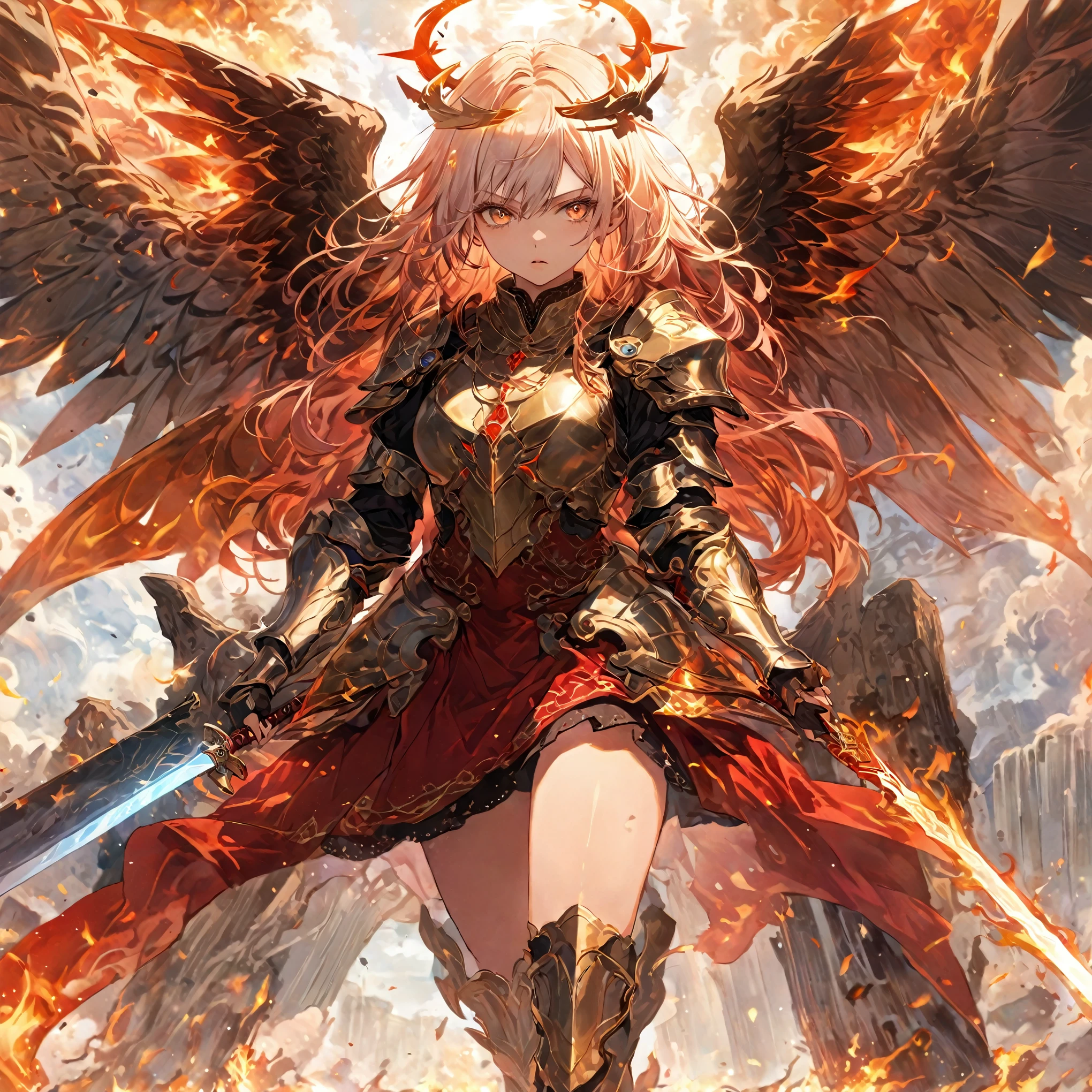 score_9, score_8_up, score_7_up, source_anime,masterpiece, best quality, high resolution, extremely detailed CG, absurdres, 1girl, A majestic angel girl stands by her six fiery wings spread wide behind her. She wears intricately detailed armor that glistens in the warm, golden light of a mystical landscape. Her dominant hand grasps the hilt of a gleaming sword, its blade etched with ancient runes. In a sweeping shot, emphasizing her regal presence and fiery aura, sworw of fire, red_sword, white_hair, long hair, fire arounded, ((halo)), ((6 wings)), glaring,, ((burning heaven,burning clouds)),Fire Element