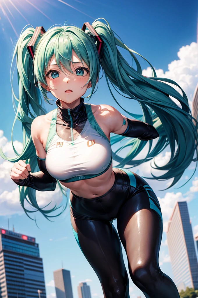 a girl grabbing hatsune miku's breast, tight leggings with a cameltoe, sports bra, skindentation, soft breasts