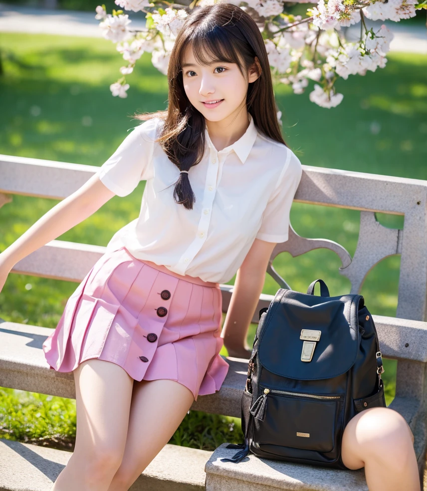 masutepiece, Best Quality, Illustration, Ultra-detailed, finely detail, hight resolution, 8K Wallpaper, Perfect dynamic composition, Beautiful detailed eyes, Natural Lip,a beauty girl、In the bright and refreshing spring sunshine、Imagine a female college student walking around campus.。.。.。She、She is wearing mini pink skirt and a white lace blouse. She try to open up her button, her face so hot。she s old. the hair flutters with the wind、々He is depicted having a conversation with.。The cherry blossoms on campus are in full bloom、Green tree on background々々々There is a bench where students can gather...。She is carrying a colorful backpack.、he has a notebook and a pencil in his hands.。Her figure is、Expressing the image of a typical female college student enjoying learning and free time.、