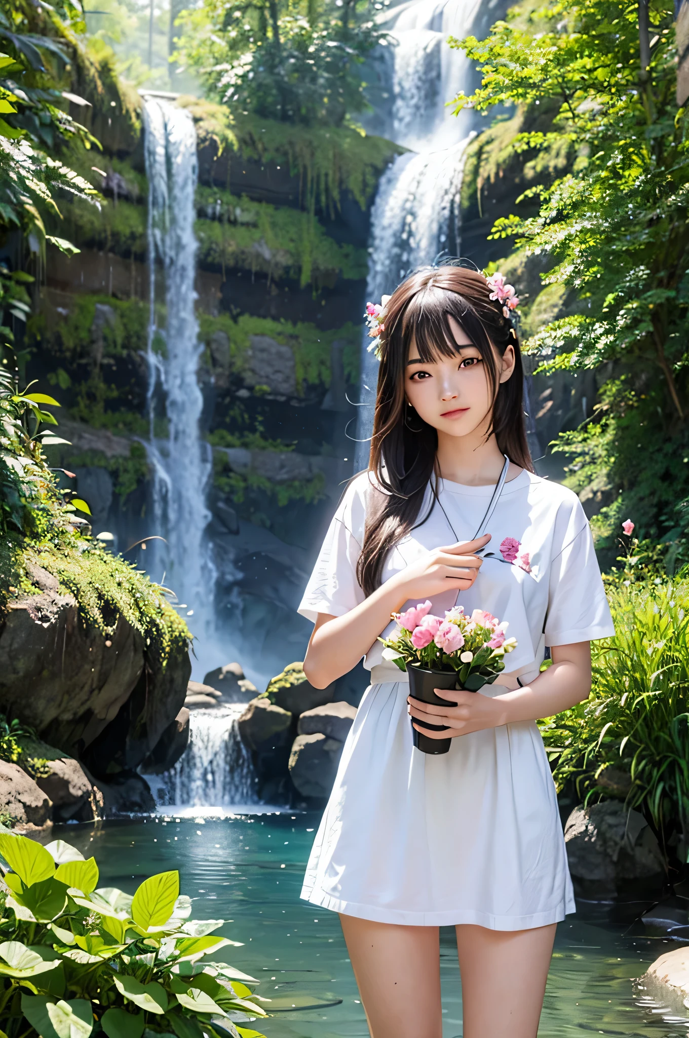 So beautiful girl and flowers pot and area background waterfall