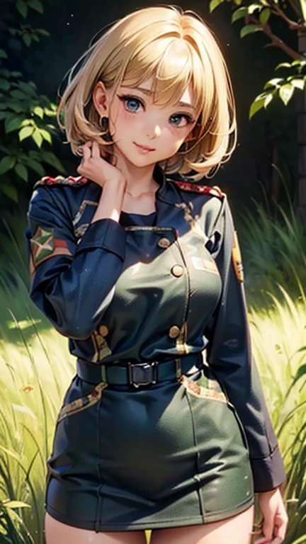 A girl is posing for a photo, cute***, Enchanting girl, Anime Girls, 
(((One Girl, Baby Face, cute, ************))), 

(smile), 
(noon、(A garrison in the sunlight、grass)), ((Dynamic Pose、From before、Cowboy Shot))
BREAK 

(Blonde、Very short hair,Pixie Cut), (black eye, Slanted Eyes), BREAK 

(((CzechMlok,uniform:1.4)))、Earrings、
BREAK 

(Symmetrical facial features, Perfect Face), (Beautiful breasts, (Ｃcup)), 
Beautiful body, Beautiful clavicle, Beautiful thighs, Beautiful feet, Perfect round butt, (Beautiful fingers), (((Detailed skin, Oily skin, Textured skin, Beautiful Skin))), 

Double eyelids, Long eyelashes, 
(Expression of fine eyes, Beautiful and delicate eyes, Sparkling eyes, Eye Reflexes), 
(Beautiful Nose,Thin Nose), 
(Glossy Lips, Beautiful Lips, thick lips), 
(Beautiful Hair, Shiny Hair, Shiny Hair)), 
BREAK 

(((highest quality)), ((masterpiece)), (Very detailed), (High resolution), (Beautiful detailed sparkle), (High detail), (Anatomically correct)), ((Realistic)), 
(The best CG), Ultra-detailed art, CG illustration, (16k, 1080P), Oil paints, 
