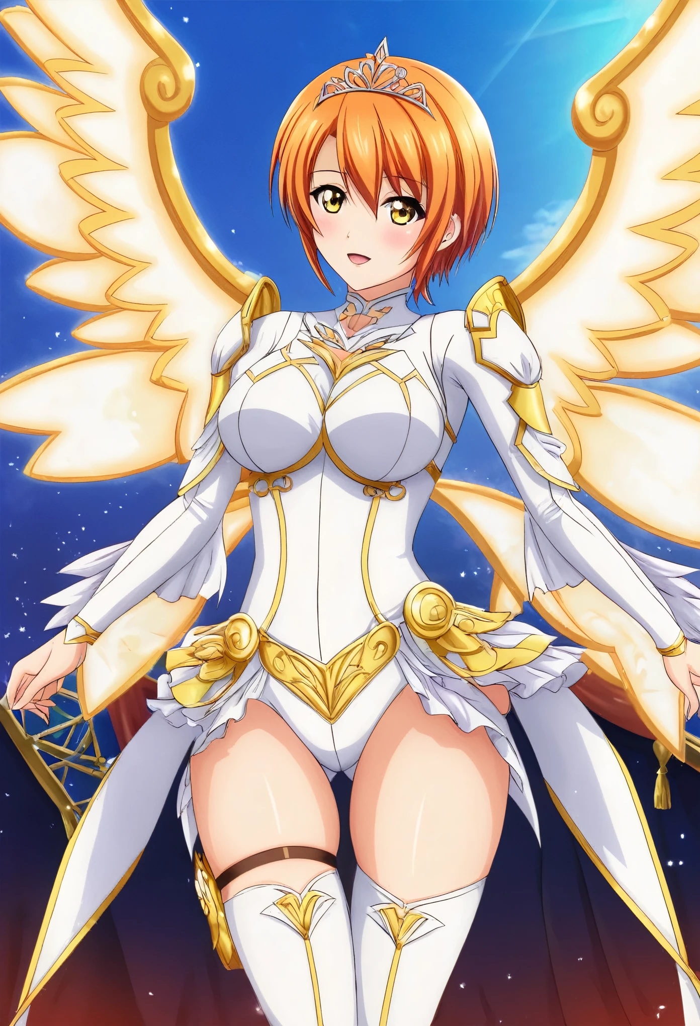 (Masterpiece, Best Quality, High Quality),volumetric lighting, illustration, beautiful, Hoshizora rin, yellow eyes, orange hair,cowboy shot, white bodysuit, goddess wings, gold tiara,on heaven, blue sky, thighs , humiliated ,thigh strap  