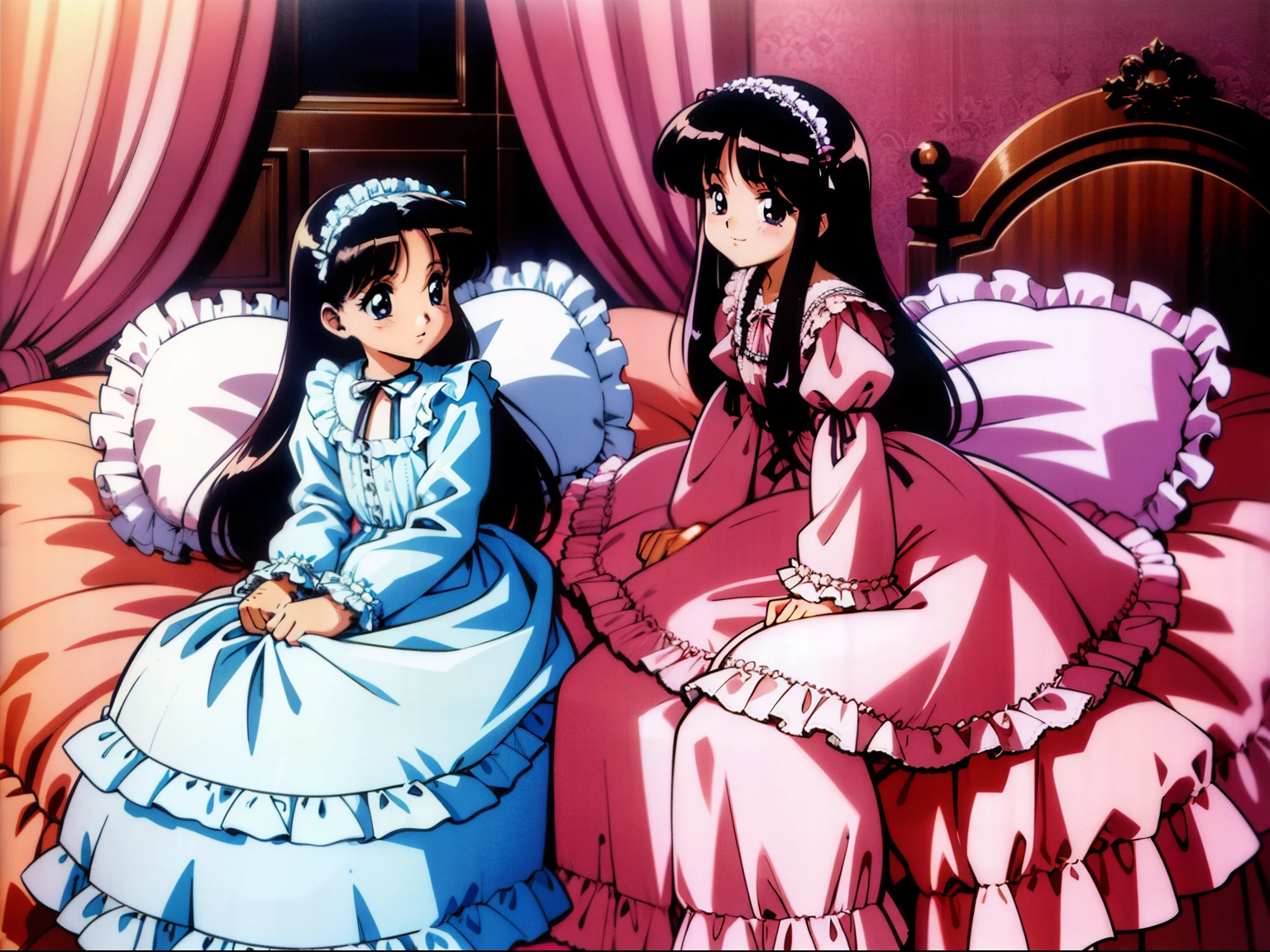 ,highest quality, masterpiece, highest resolution, artwork,1990s style anime illustration,((10 year old s)),Super detailed baby face, Anime illustrations, pajama party,. , Lolita fashlong-sleeved long skirt nightgown with frills and ribbons, {{{on the huge and wide pink canopy bed}}},{{{lot of frilled pillows}}}, frilled bed skirt,Soft pillows and futons, colorful pillows in pastel colors, pink curtains with frills around the bed, detailed face.