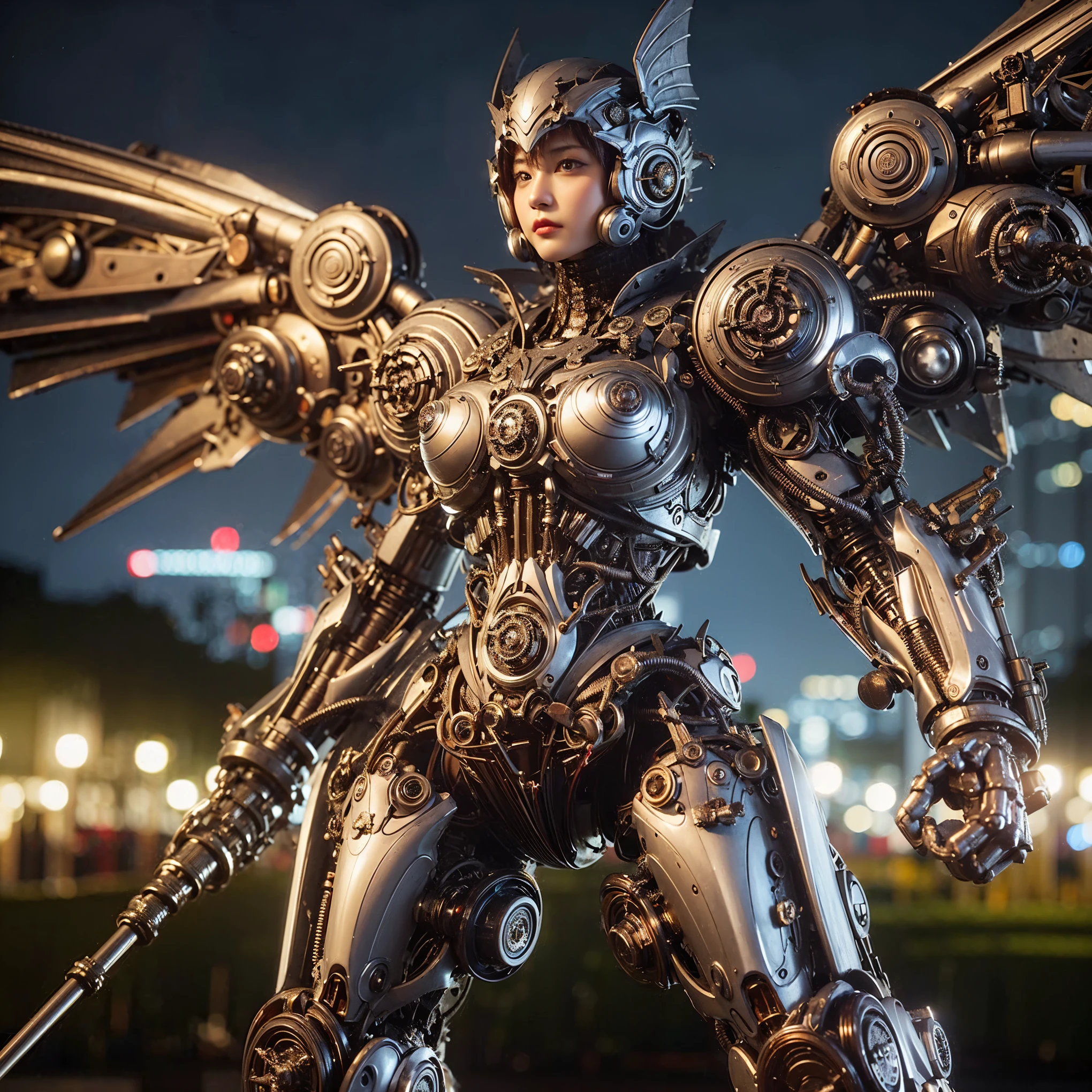 Masterpiece, (ultimate quality:1.2), 8k, Japanese woman in hedgehog-type powered suit, silver base with green and red accents, very beautiful face, mechanical, (mechanical bat wings), hydraulic cylinder, power pipe, ultimately intricate details, full body shot, (ultimate photo Realistic:1.37), Park with a beautiful view at night, (Steampunk: 1.2), (biopunk), Full body photo, Wide-angle shot, Please generate at least 4 photos.