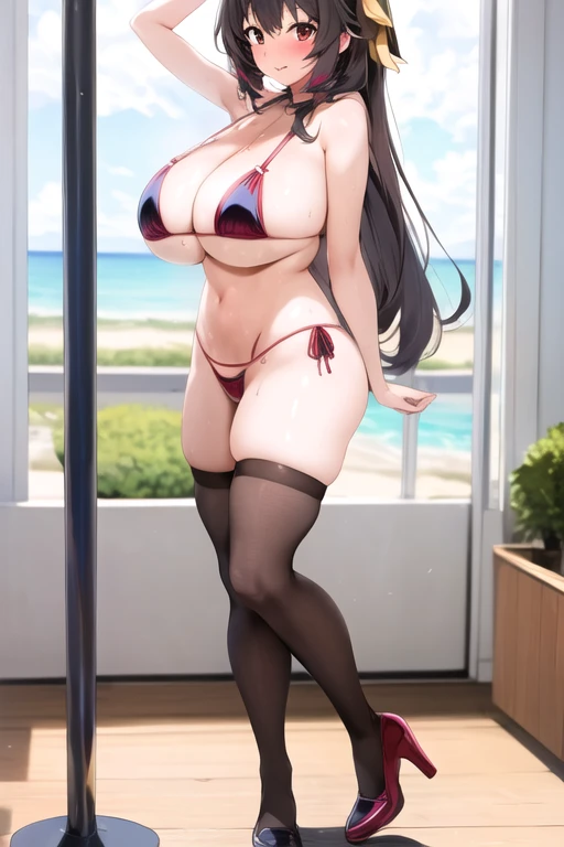 Yunyun, huge breasts, bikini thong, thighhighs, full body, standing, stripper pole, pole dance, indoors