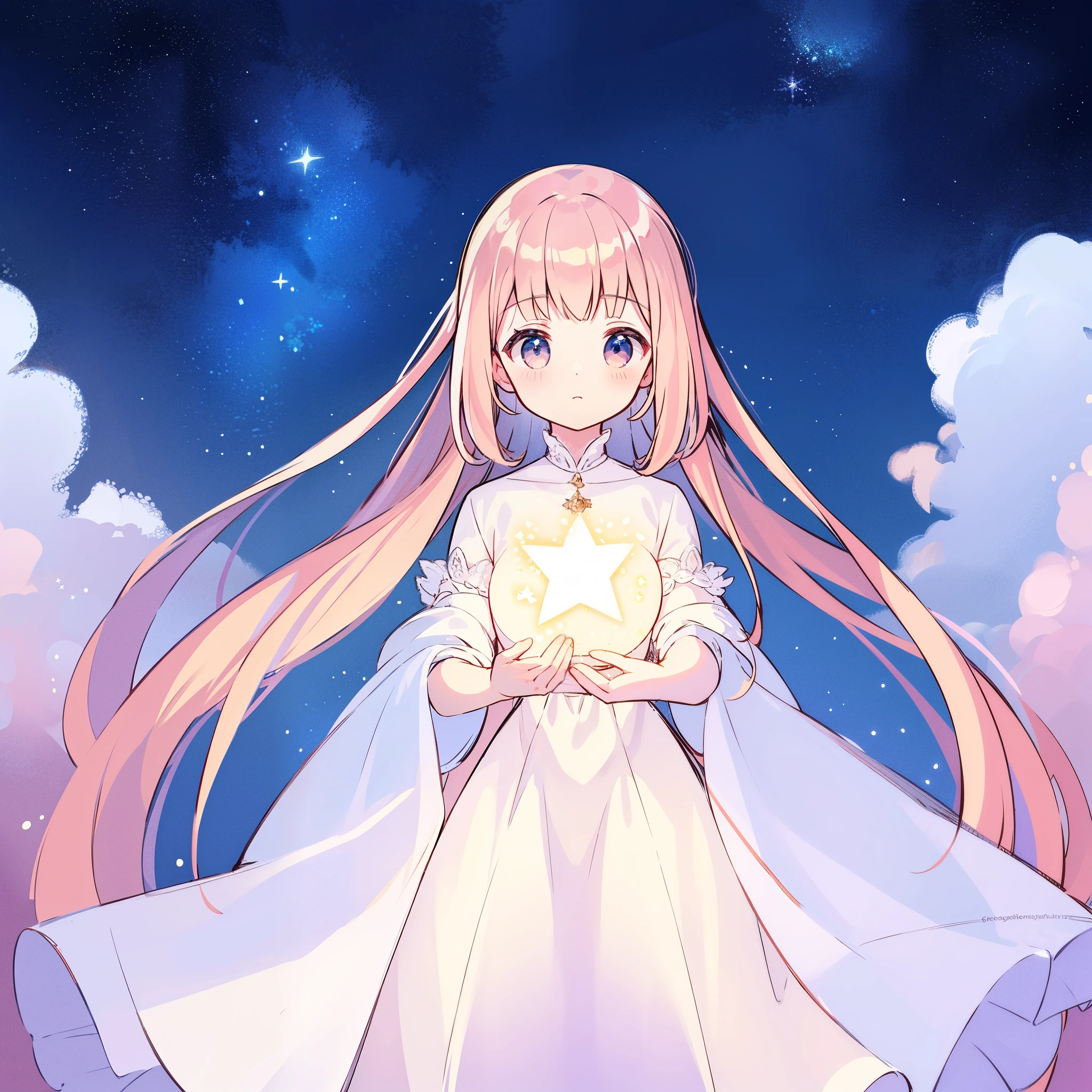 complex background, wishing star background, a woman wearing an ethereal mystical pink translucent dress that reflects the stars, dreamy, peaceful, serene composition, glowing stars, glowing, mystic, complex drawing, highly detailed, ethereal, starry night, midjourney style
