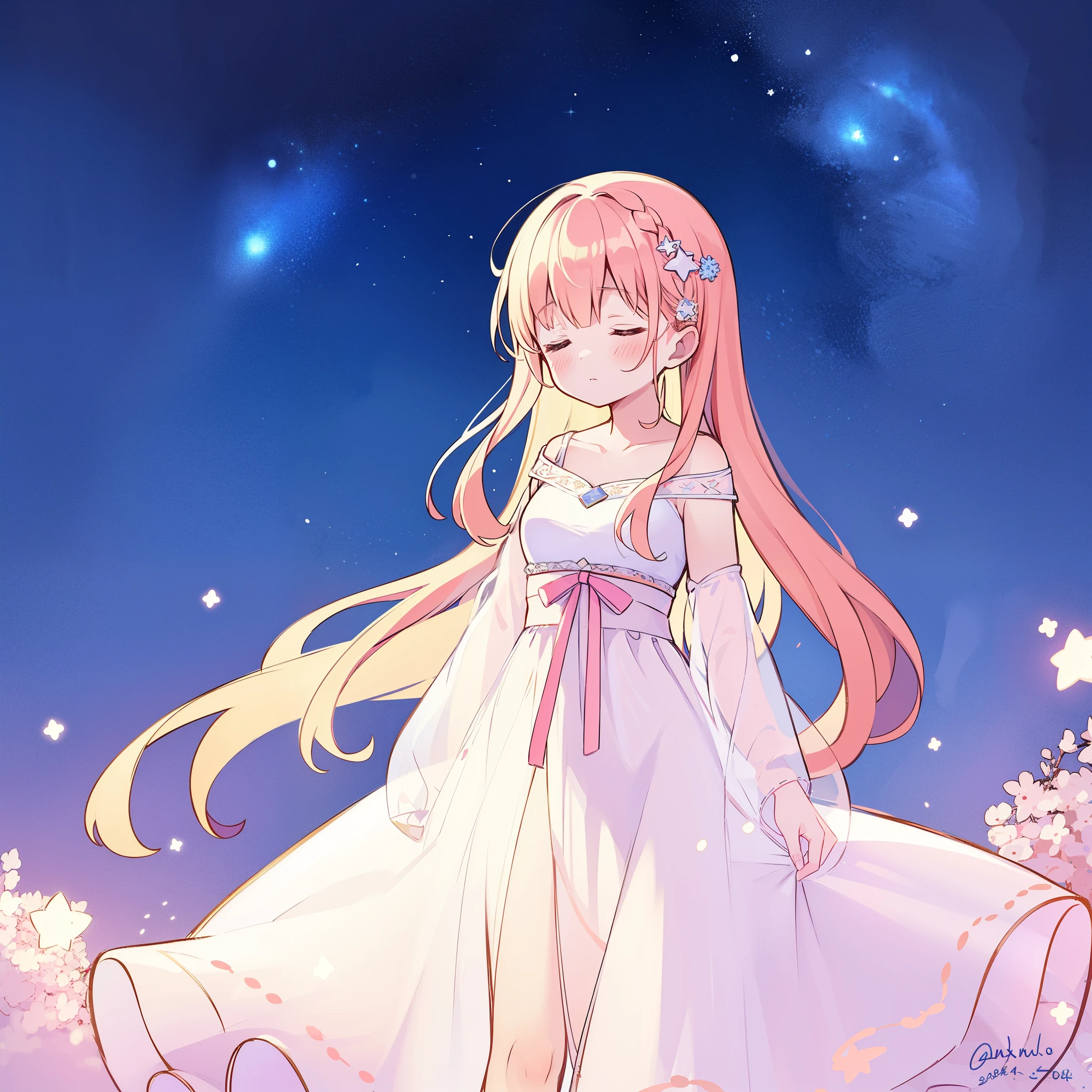 complex background, wishing star background, a woman wearing an ethereal mystical pink translucent dress that reflects the stars, dreamy, peaceful, serene composition, glowing stars, glowing, mystic, complex drawing, highly detailed, ethereal, starry night, midjourney style