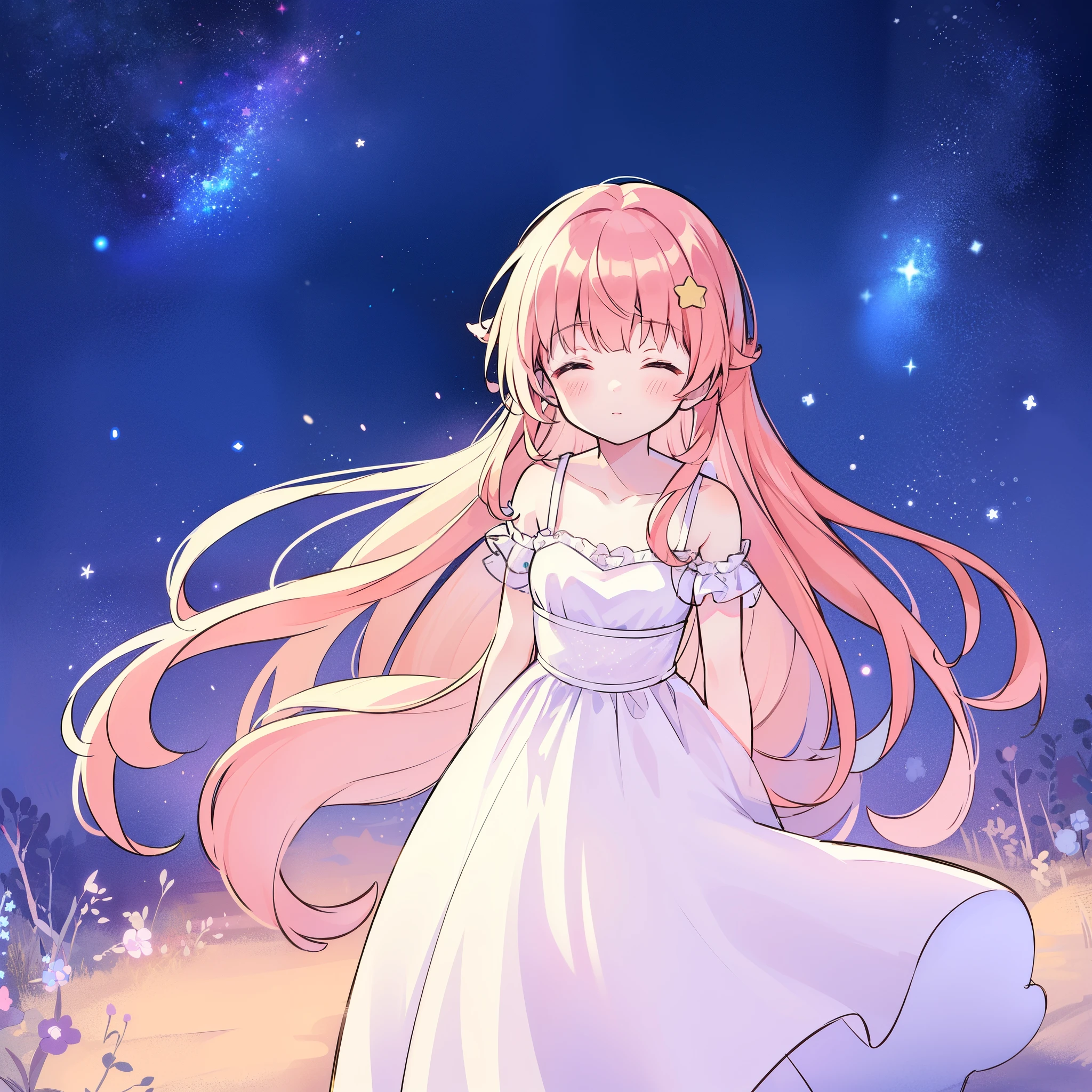 complex background, wishing star background, a woman wearing an ethereal mystical pink translucent dress that reflects the stars, dreamy, peaceful, serene composition, glowing stars, glowing, mystic, complex drawing, highly detailed, ethereal, starry night, midjourney style