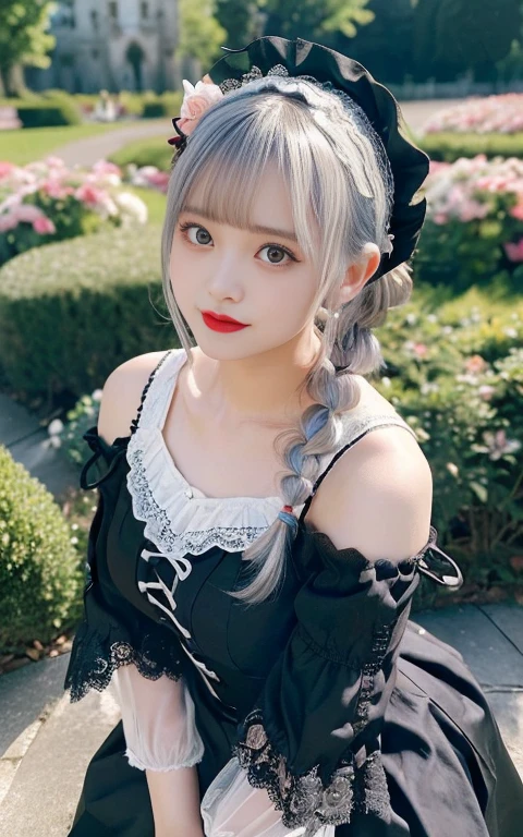 ((18 year old Japanese girl, 1 person)), (((Gothic ta Fashion:1.3)),(((Lace off-the-shoulder dress))),(((Outfit with intricate lace detailing))),(Emphasize large breasts:1.3),(European castle background:1.3),(Flowerbed with colorful flowers blooming in the garden),(squat:1.3),(The contrast of light and shadow makes the subject appear three-dimensional),Pretty and beautiful girl,Cute round face,Cute Smile,Blushing,Red lips,(Silvery white hair,Floral knit headband,Half Up、Floral braided space buns,Voluminous fishtail braid,Twisted pan,),(The bangs are see-through),hairpin,hair ornaments,Detailed clothing features,Detailed hair features,Detailed facial features,(Dynamic Angle),BREAK ceremony,((Random sexy poses、put in、Deep pleasure, Ecstatic eyes:1.2)), ((I gasp hard:1.2))、Ecstatic face、Climax expression, Through clenched teeth、My whole body is convulsing、Official Art,Highly detailed CG Unity 8k wallpaper, (masterpiece:1.0),(highest quality:1.0), photo shoot, 8k, Browsing Caution, High resolution, Kodak Portrait 400, Film Grain, Lens flare brilliance,Very low camera angle, View your audience