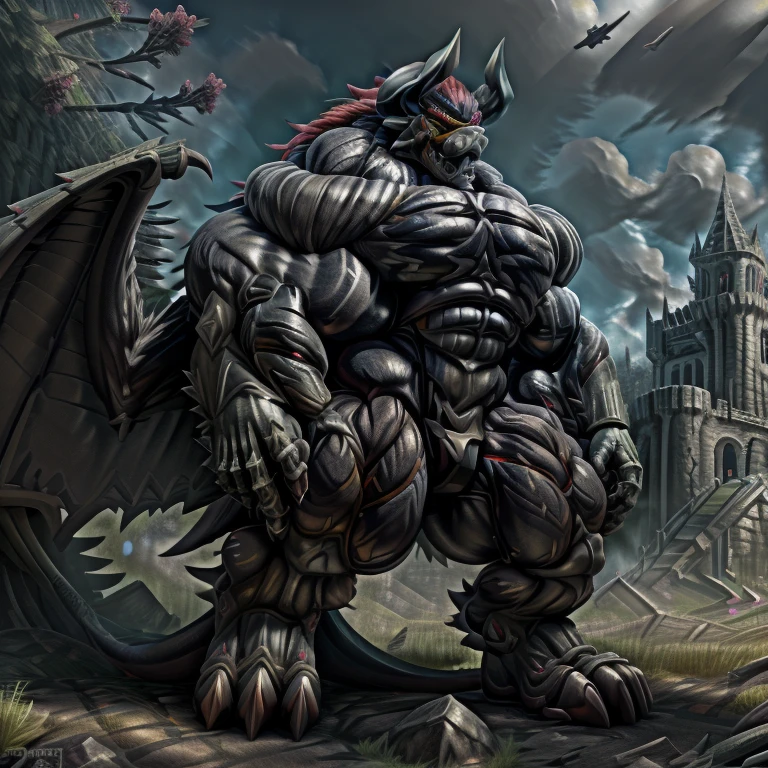 (gigantic muscles), 8K, Masterpiece, highres, Detailed head, Detailed Body, full body, Detailed abs, wearing crNanosuit, big muscle (pecs, triceps, traps) unusually developed muscular body, body full of huge muscles. pectorales enormes. Exaggeratedly huge muscles. Gigachad Muscular, gigantic muscles, Colossal giant NANOSUIT over a battlefield, The claws are sharp, Sharp teeth, Spread wings, have big wings. black wings, nj5furry, Animal paws, castle, black visor, demon lord dragon batzz