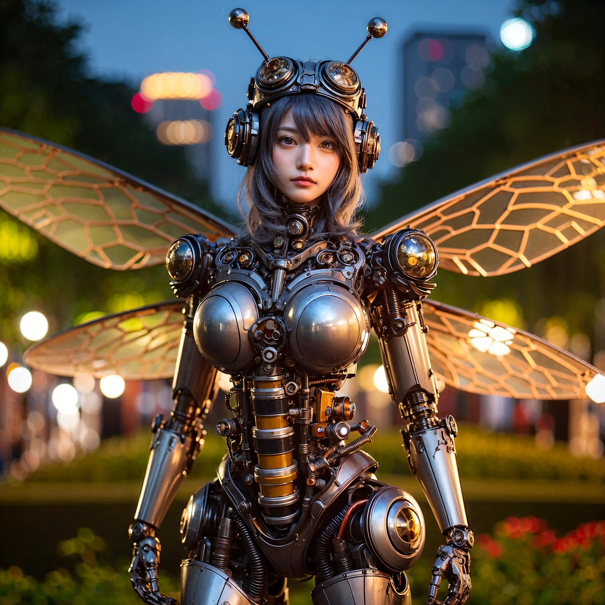Masterpiece, (ultimate quality:1.2), 8k, Japanese woman in hedgehog-type powered suit, silver base with green and red accents, very beautiful face, mechanical, (mechanical bat wings), hydraulic cylinder, power pipe, ultimately intricate details, full body shot, (ultimate photo Realistic:1.37), Park with a beautiful view at night, (Steampunk: 1.2), (biopunk), Full body photo, Wide-angle shot, Please generate at least 4 photos.
