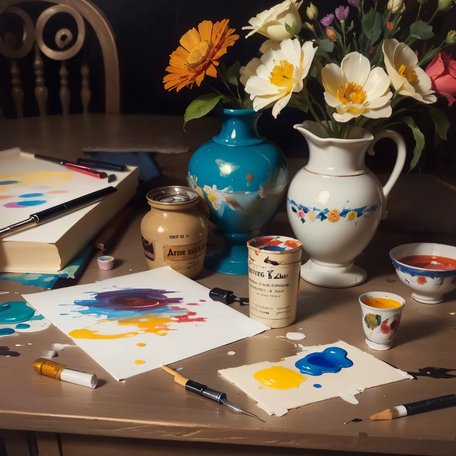 ((Still life with art materials)) , Illustration with paints and brushes, palette with paint, (antique columns), flowers, art school, splashes of paint