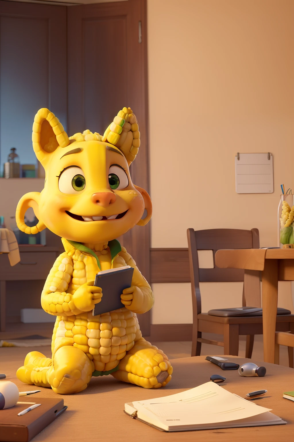 ((Two animated ears of corn)) .((An ear of corn is lying on a withered sick chair as if it were a patient)),(( while the other ear of corn is sitting on a chair holding a notebook and a pen, aparentemente tomando notas como un terapeuta)).
