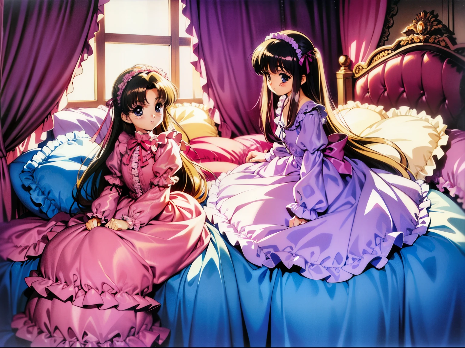 ,highest quality, masterpiece, highest resolution, artwork,1990s style anime illustration,((10 year old s)),Super detailed baby face, Anime illustrations, pajama party,. , Lolita fashlong-sleeved long skirt nightgown with frills and ribbons, {{{on the huge and wide pink canopy bed}}},{{{lot of frilled pillows}}}, frilled bed skirt,Soft pillows and futons, colorful pillows in pastel colors, pink curtains with frills around the bed, detailed face.