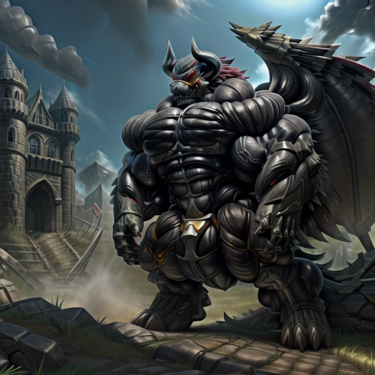 (gigantic muscles), 8K, Masterpiece, highres, Detailed head, Detailed Body, full body, Detailed abs, wearing crNanosuit, big muscle (pecs, triceps, traps) unusually developed muscular body, body full of huge muscles. pectorales enormes. Exaggeratedly huge muscles. Gigachad Muscular, gigantic muscles, Colossal giant NANOSUIT over a battlefield, The claws are sharp, Sharp teeth, Spread wings, have big wings. black wings, nj5furry, Animal paws, castle, black visor, demon lord dragon batzz
