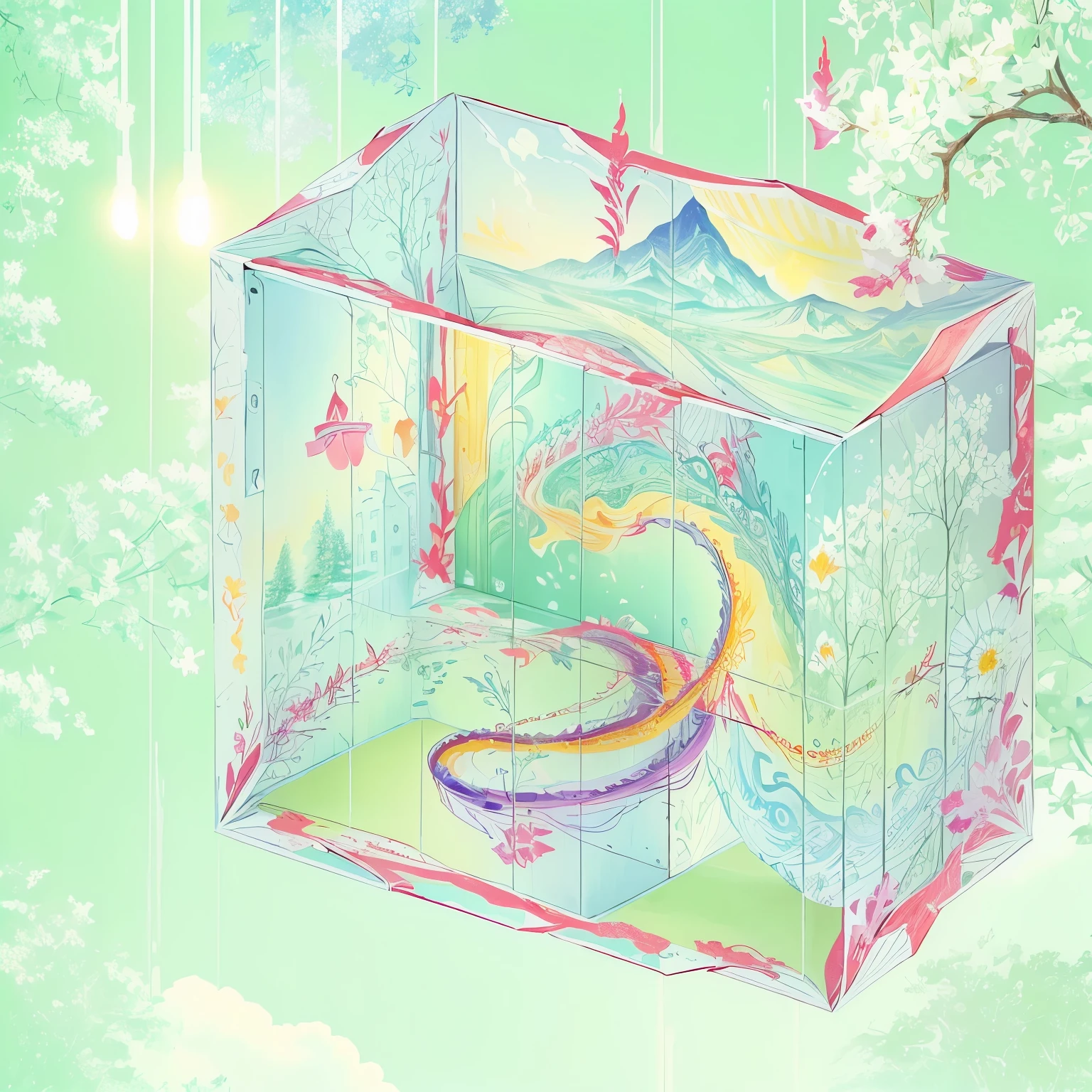 There is a painting，The picture shows a box，There&#39;s a snake inside, crystal dragon, Jellyfish Phoenix Dragon, Magic glass container pictures, Detailed fan art, Fantasy illustrations, A beautiful artistic illustration, Full color illustrations, background technology, Translucent Cube, !梦想Concept Art, 丰富多彩的Concept Art, [ Concept Art ]!!, Fantasy psychedelic anime, Full art illustration, Detailed Dreams