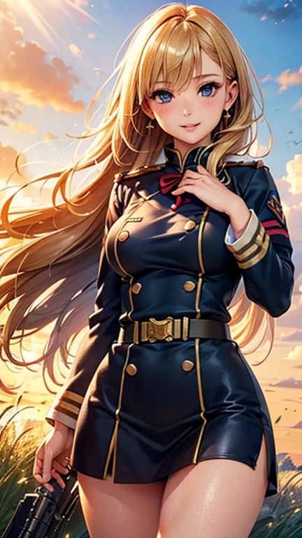 A girl is posing for a photo, cute***, Enchanting girl, Anime Girls, 
(((One Girl, Baby Face, cute, ************))), 

(smile), 
(noon、(A garrison in the sunlight、grass)), ((Dynamic Pose、From before、Cowboy Shot))
BREAK 

(Blonde、Hair blowing in the wind、Straight Long Hair), (black eye, Slanted Eyes), BREAK 

(((militrous,uniform:1.4)))、Earrings、
BREAK 

(Symmetrical facial features, Perfect Face), (Beautiful breasts, (Ｃcup)), 
Beautiful body, Beautiful clavicle, Beautiful thighs, Beautiful feet, Perfect round butt, (Beautiful fingers), (((Detailed skin, Oily skin, Textured skin, Beautiful Skin))), 

Double eyelids, Long eyelashes, 
(Expression of fine eyes, Beautiful and delicate eyes, Sparkling eyes, Eye Reflexes), 
(Beautiful Nose,Thin Nose), 
(Glossy Lips, Beautiful Lips, thick lips), 
(Beautiful Hair, Shiny Hair, Shiny Hair)), 
BREAK 

(((highest quality)), ((masterpiece)), (Very detailed), (High resolution), (Beautiful detailed sparkle), (High detail), (Anatomically correct)), ((Realistic)), 
(The best CG), Ultra-detailed art, CG illustration, (16k, 1080P), Oil paints, 
