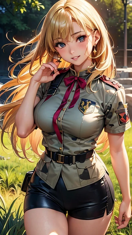 A girl is posing for a photo, cute***, Enchanting girl, Anime Girls, 
(((One Girl, Baby Face, cute, ************))), 

(smile), 
(noon、(A garrison in the sunlight、grass)), ((Dynamic Pose、From before、Cowboy Shot))
BREAK 

(Blonde、Hair blowing in the wind、Straight Long Hair), (black eye, Slanted Eyes), BREAK 

(((militrous,uniform:1.4)))、Earrings、
BREAK 

(Symmetrical facial features, Perfect Face), (Beautiful breasts, (Ｃcup)), 
Beautiful body, Beautiful clavicle, Beautiful thighs, Beautiful feet, Perfect round butt, (Beautiful fingers), (((Detailed skin, Oily skin, Textured skin, Beautiful Skin))), 

Double eyelids, Long eyelashes, 
(Expression of fine eyes, Beautiful and delicate eyes, Sparkling eyes, Eye Reflexes), 
(Beautiful Nose,Thin Nose), 
(Glossy Lips, Beautiful Lips, thick lips), 
(Beautiful Hair, Shiny Hair, Shiny Hair)), 
BREAK 

(((highest quality)), ((masterpiece)), (Very detailed), (High resolution), (Beautiful detailed sparkle), (High detail), (Anatomically correct)), ((Realistic)), 
(The best CG), Ultra-detailed art, CG illustration, (16k, 1080P), Oil paints, 
