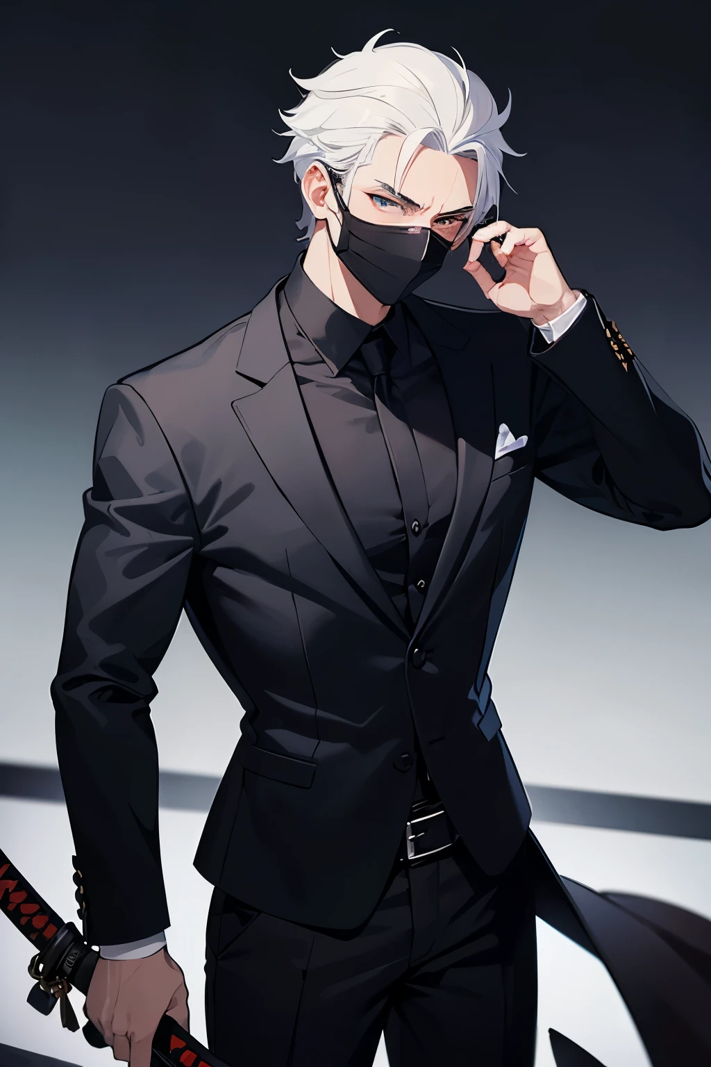 Black suit, man, wearing a Kabuki mask, 2K masterpiece, with a katana on the back. A handsome man with slight muscles. Black jeans, Neat suit Short white hair, cool, black background with a little bit of light.