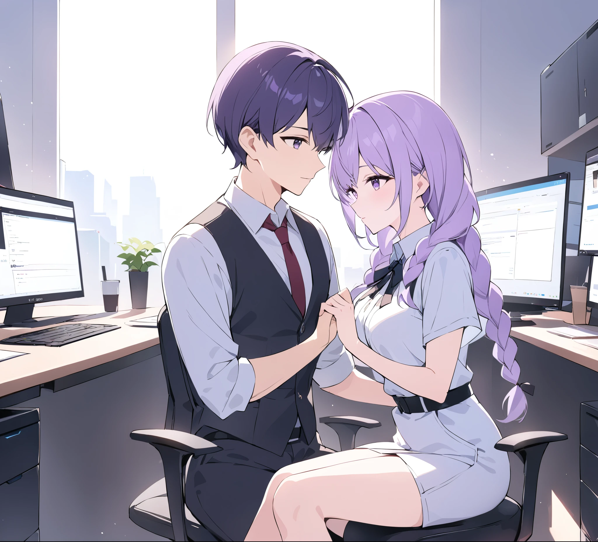 A captivating illustration portraying a blossoming romance between a man and a woman((1 male, 1 woman with purple and white gradient double braids)) in the office. The art form resembles a subtle and sophisticated digital painting, capturing the nuances of their relationship. The scene is set in a modern office space, with sleek desks, computers, and a backdrop of bustling professionals. The man and woman are seated close to each other, engrossed in a heartfelt conversation. Their body language exudes warmth and familiarity, hinting at their connection. Soft, natural lighting fills the room, creating a warm and inviting atmosphere. The overall result is a tender depiction of an office romance, showcasing the delicate balance between work and love in a professional setting.