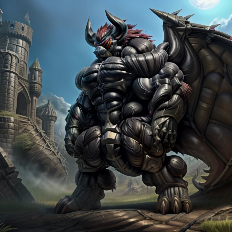 (gigantic muscles), 8K, Masterpiece, highres, Detailed head, Detailed Body, full body, Detailed abs, wearing crNanosuit, big muscle (pecs, triceps, traps) unusually developed muscular body, body full of huge muscles. pectorales enormes. Exaggeratedly huge muscles. Gigachad Muscular, gigantic muscles, Colossal giant NANOSUIT over a battlefield, The claws are sharp, Sharp teeth, Spread wings, have big wings. black wings, nj5furry, Animal paws, castle, black visor, demon lord dragon batzz

