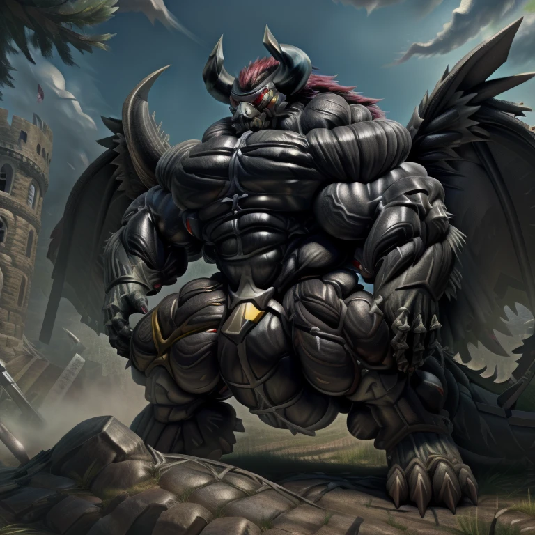 (gigantic muscles), 8K, Masterpiece, highres, Detailed head, Detailed Body, full body, Detailed abs, wearing crNanosuit, big muscle (pecs, triceps, traps) unusually developed muscular body, body full of huge muscles. pectorales enormes. Exaggeratedly huge muscles. Gigachad Muscular, gigantic muscles, Colossal giant NANOSUIT over a battlefield, The claws are sharp, Sharp teeth, Spread wings, have big wings. black wings, nj5furry, Animal paws, castle, black visor, demon lord dragon batzz