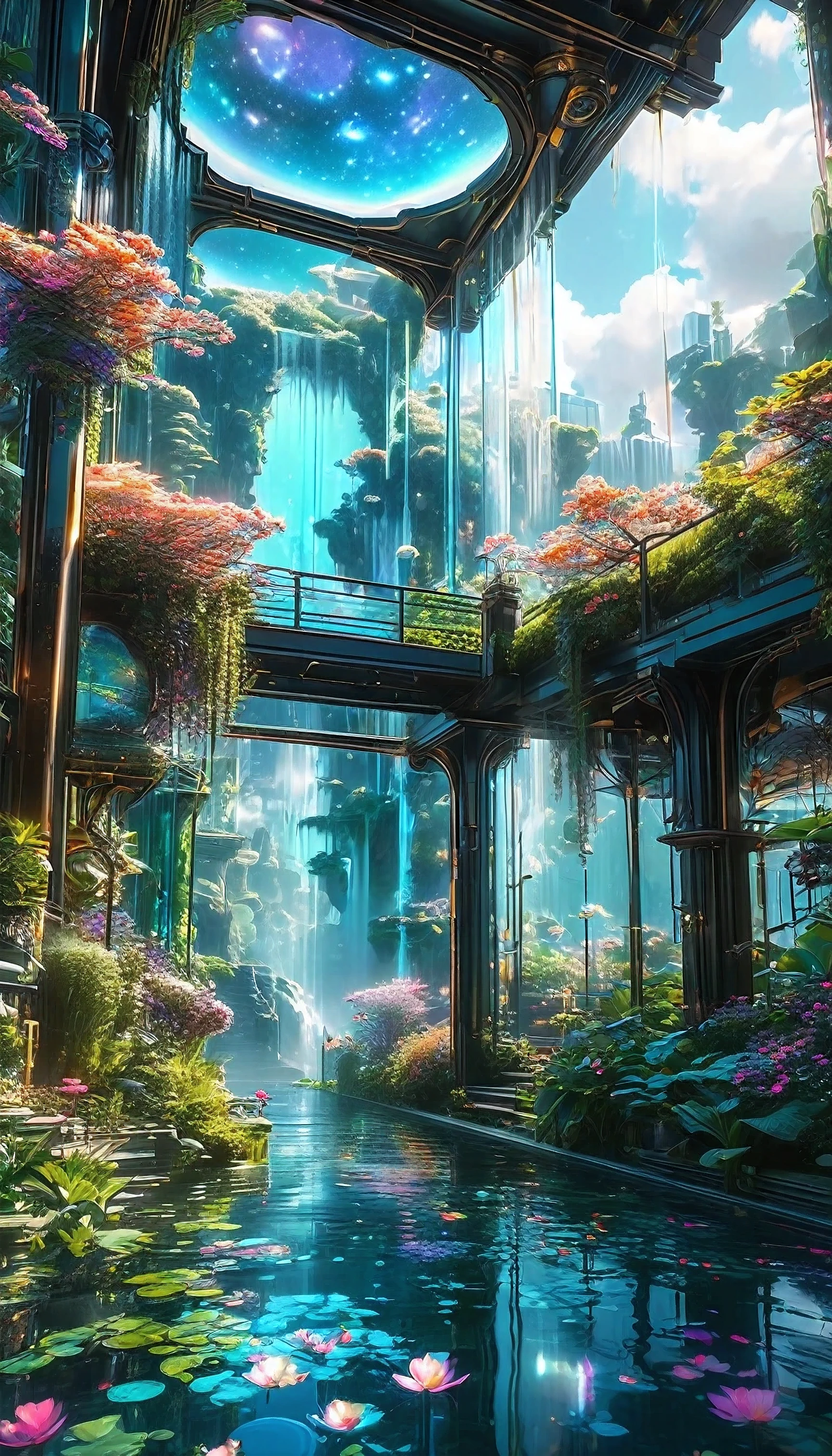 Create an awe-inspiring scene of a celestial garden in a floating city, rendered in highly detailed digital art with 4K and 8K resolutions, using Octane and inspired by the style of Final Fantasy. This concept art should be a masterpiece of official illustration, merging realism and fantastical elements to achieve the highest quality.
The landscape is a magnificent floating city, suspended in the sky by colossal, ancient mechanisms. In the heart of the city lies a celestial garden, a lush, green oasis surrounded by towering, futuristic structures. The garden is filled with exotic, bioluminescent plants and flowers, their vibrant colors glowing softly in the twilight.
Above, the sky is a mesmerizing tapestry of swirling galaxies and distant stars, casting a soft, ethereal light over the garden. Floating islands and airships drift lazily through the sky, adding to the sense of wonder and grandeur.
The garden itself is a masterpiece of nature and technology, with crystal-clear streams and cascading waterfalls that reflect the celestial light. Intricately designed pathways and bridges wind through the garden, inviting exploration and discovery.
The composition focuses on the interplay between the grand, futuristic architecture and the delicate details of the celestial garden. The rendering by Octane captures the textures of the plants, water, and floating structures, creating a scene of stunning realism and fantasy.
Every element, from the bioluminescent flora to the swirling galaxies above, is meticulously crafted to create a vivid and immersive experience. This digital artwork embodies the imaginative and perfect composition envisioned by artists like Yoshitaka Amano and Tetsuya Nomura, making it a true masterpiece.