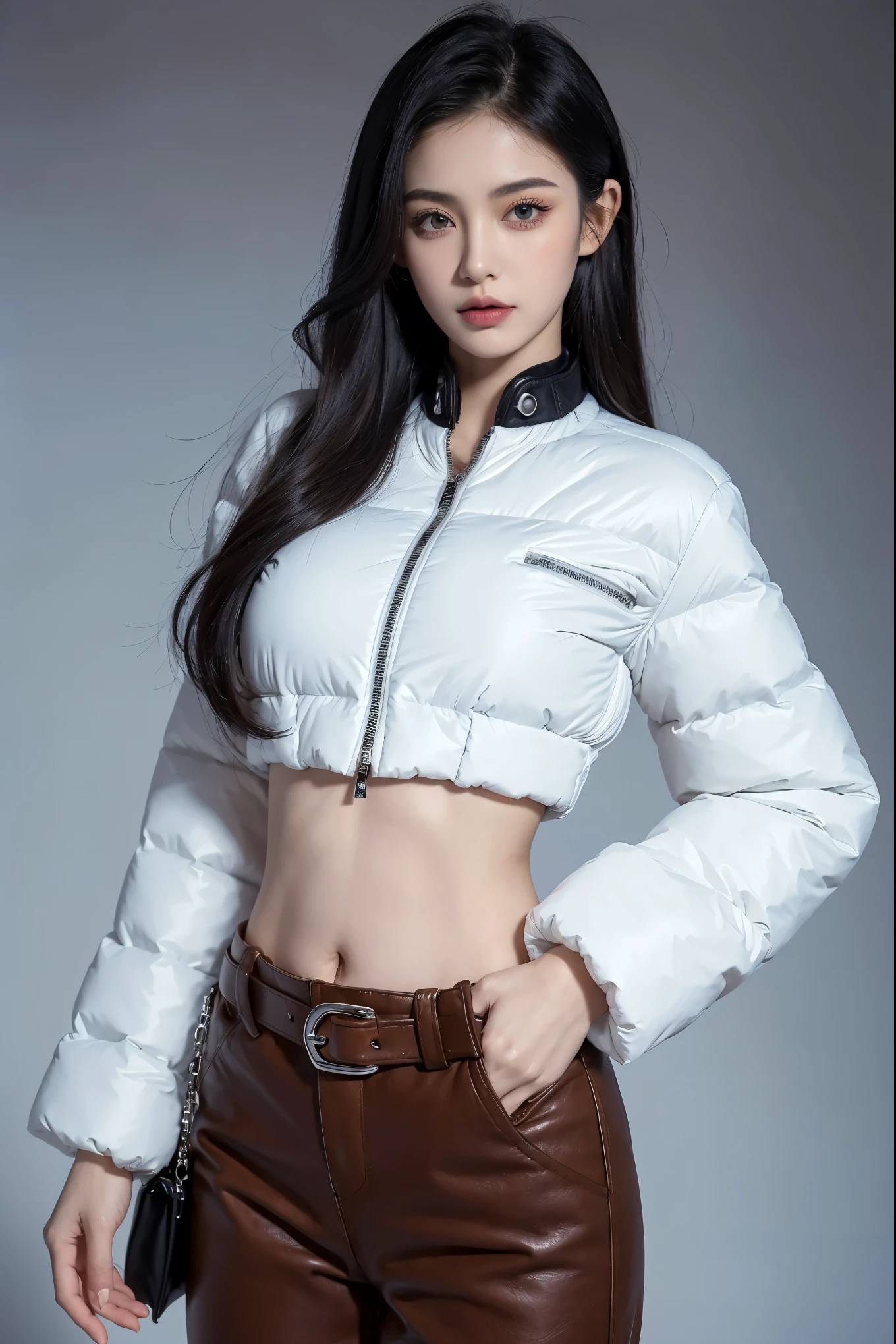 (masutepiece:1.2, of the highest quality), (photos realistic), Ticker, Intricate details, (Detailed face), (Detailed eyes), 1 girl, Solo, (Pretty cute sexy Japan girl), 20 years old, (((Full body photo))), (8k background), (Full body photo:1.2), looking in camera, Slender body, Slim body, Long legs, Shiny skin, pale skin, Beautiful face, Beautiful eyes, Realistic skin, Various hair styles, (Smile), (Runway and hangar background), Out-of-focus background, (Streetwear Jacket Print, Keyhole Backhalter Top, Elastic waist cotton pants), earrings, appearance々Necklaces, (Hands in pockets), (Bracelets), (Naughty costumes),Dance Studio、