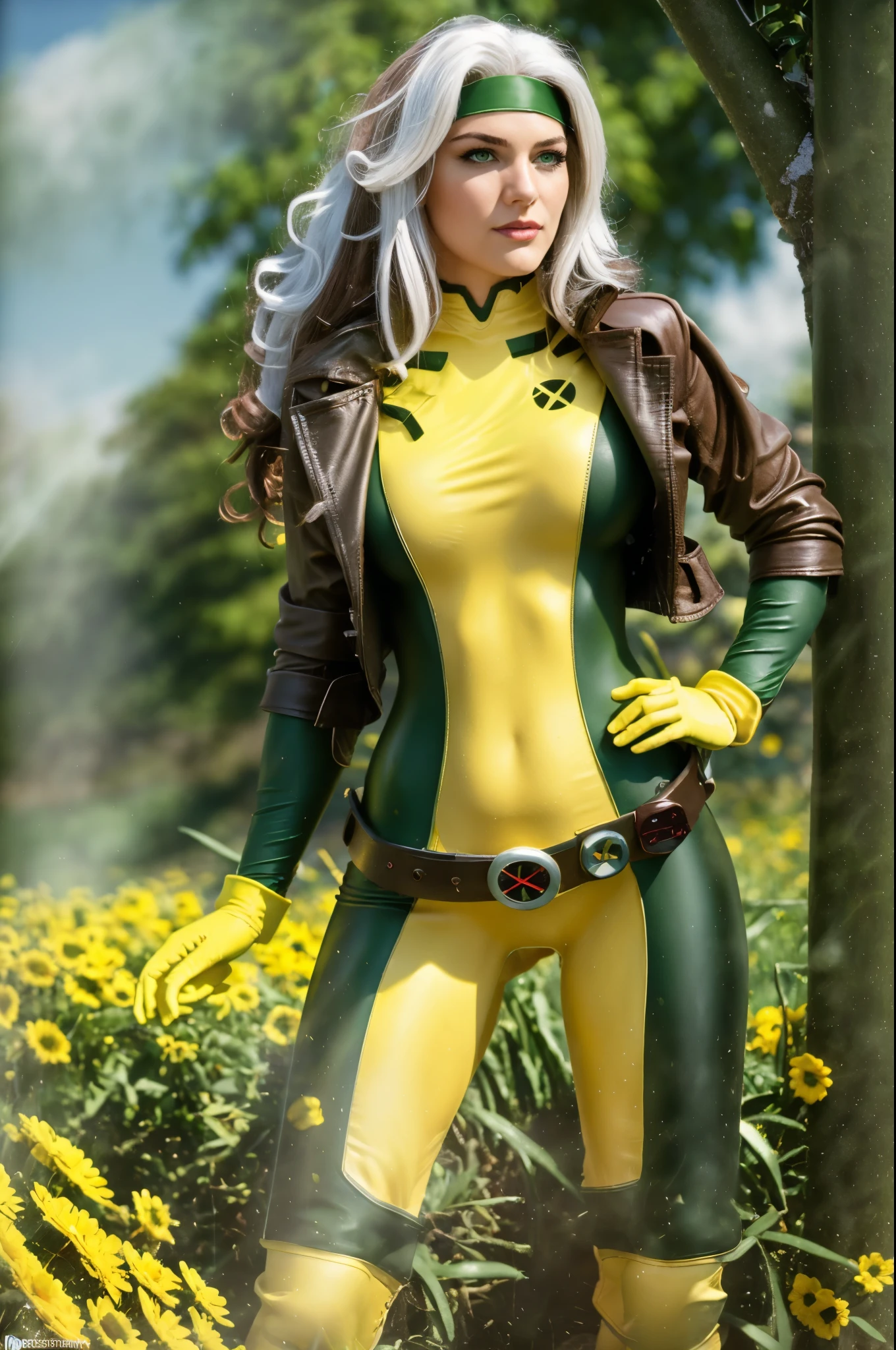 (masterpiece:1.0), (best_quality:1.2), (dark shot:1.3), Classic Rogue, 1991 Rogue X-Men, 1 girl, Only 1, cowboy shot, confident pose, looking at the viewer, mischievous look, sexy smirk, leather jacket, leather belt, skin-tight green bodysuit, medium length hair, auburn hair, wavy hair, messy hair, one lock of white hair, green eyes, parted lips, fit figure, curvy figure, large breasts, makeup, green headband, brown leather jacket, yellow gloves, belt, gold earrings, open jacket, yellow boots, (background: blue sky, fluffy clouds, field of flowers), (realism: 1.5), (Realistic: 1.4), (Absurdity:1.4), 8k, ultra-detailed, Detailed Beautiful Woman, very physically fit girl, official art, extremely detailed CG unity 8k wallpaper, ultra high res, photography, 8K, HDR, Kodak portra 400, film grain, blurry background, (bokeh:1.2), film grain:1.2, (color photo), professional photograph