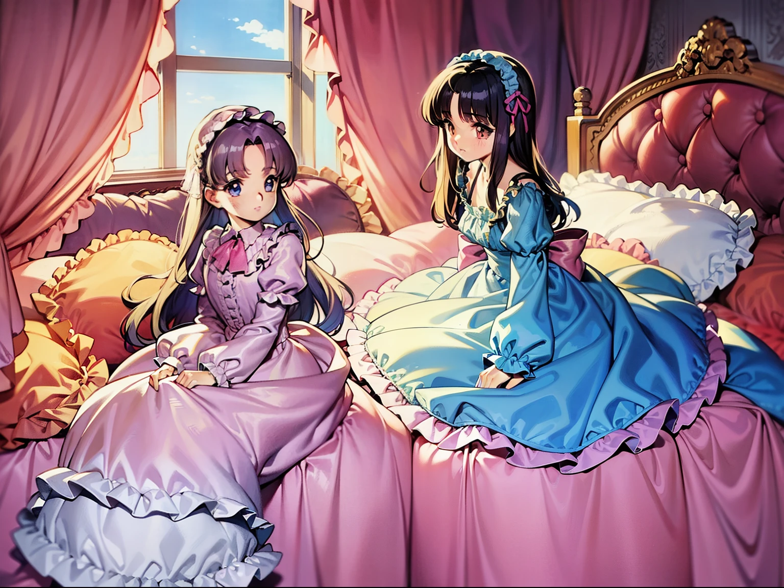 ,highest quality, masterpiece, highest resolution, artwork,1990s style anime illustration,((10 year old little girls)),Super detailed baby face, Anime illustrations, pajama party,. , Lolita fashion long-sleeved long skirt nightgown with frills and ribbons, {{{on the huge and wide pink canopy bed}}},{{{lot of frilled pillows}}}, frilled bed skirt,Soft pillows and futons, colorful pillows in pastel colors, pink curtains with frills around the bed, detailed face.