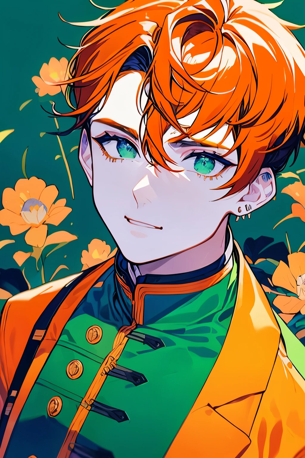A male character with spiky, medium-length orange hair, green eyes, orange goatee with sideburns, wearing a green coat with yellow accents over a white shirt and an orange scarf or cravat, in a serious and contemplative pose, drawn in an anime style with a minimalistic white background and green specks, middle aged man.