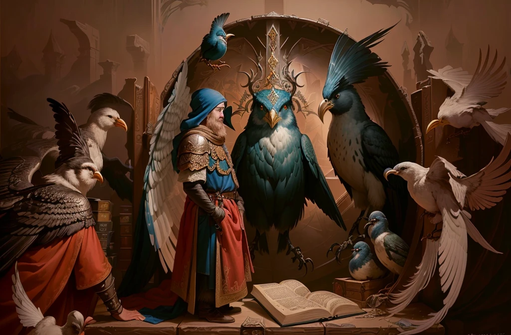 there are a lot of birds around the book, science fantasy painting, fantasy book illustration, Brian Despain, high fantasy illustration, realistic fantasy illustration, inspired Brian Despain, Illustration of a book in the fantasy role-playing game genre, realistic fantasy painting, fantasy art behance, Johannes Helgeson, dungeons and dragons fantasy art, inspired Johannes Helgeson