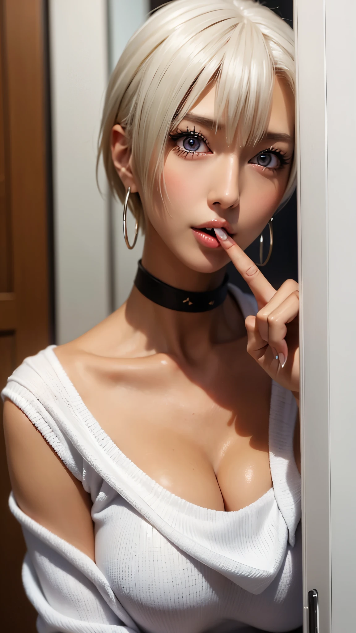 1 Girl、solo、masterpiece,highest quality,High resolution,Very detailed, skinny,Black Choker,Earrings,Big cleavage、Off-the-shoulder tight sweater dress,

 Cute pose、(((Open your mouth))), Heavy breathing , (aheghentai face:1.5), 
Blonde pixie short hair、
(((Accurate 5-finger)))、Accurate human body、The perfect human body、((Captivating smile ))、

entrance、indoor、open the door、Detailed Background、18-year-old girl