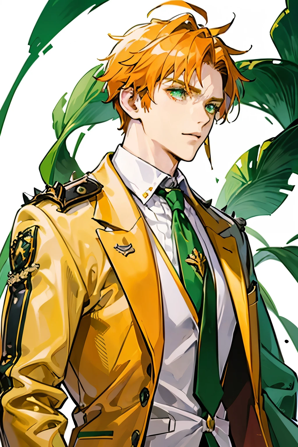 A male character with spiky, medium-length orange hair, green eyes, and a small goatee with sideburns, wearing a green coat with yellow accents over a white shirt and an orange scarf or cravat, in a serious and contemplative pose, drawn in an anime style with a minimalistic white background and green specks.