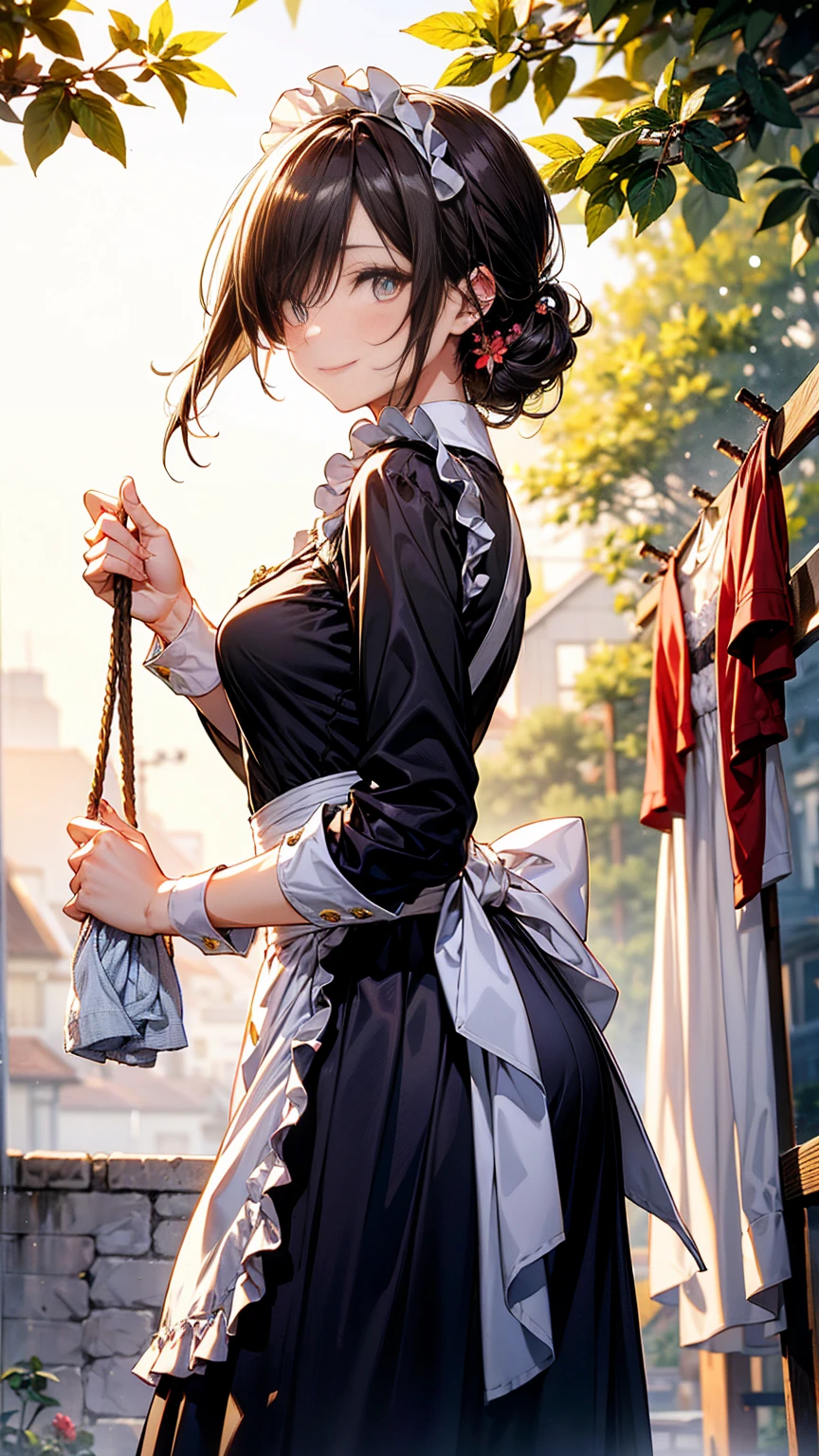(highest quality、masterpiece、High resolution)、(Sargent style watercolor)、(anime art)、soft light、Views of the Cotswolds、old farmhouse、flowers bloom、(((Tight outfit)))wearing traditional dark-brown maid uniform, maid costume:1.2, long flare skirts, apron, Tall and long legs, long white hair, wearing rimless grasses, (milf:1.5, 28 years old, solo), ( narrow waist), (hair over one eye, updo, side lock, asymmetric hair, wavy hair), (bright pupils, detailed eyes, high detailed face, Perfect face shape, eye rush), (seductitve smiling, half-closing eyes), (looking at viewers:1.3), (dynamic angle, tighs focus, from side below:1.2), ((correct anatomy:1.5, correct hands)), (ideal ratio of body proportions)(((Woman hanging out the laundry)))、medium hair、dark brown hair、Good weather people、Braided Hair、Black-rimmed glasses、Garter Stockings、((Raise your hand to hang out the laundry))、Cheerful expression、((Laundry hanging on a white rope))(((Sunny day outdoors)))