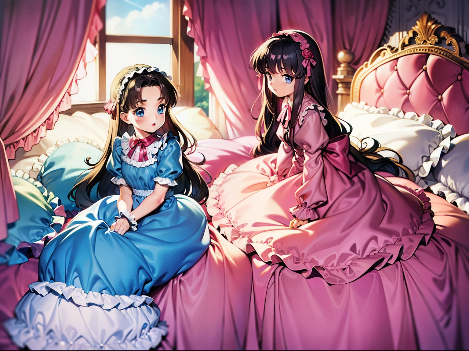 ,highest quality, masterpiece, highest resolution, artwork,1990s style anime illustration,(()),Super detailed baby face, Anime illustrajama party,. , Lolita fashion long-sleeved long skirt nightgown with frills and ribbons, {{{on the huge and wide pink canopy bed}}},{{{lot of  frilled pillows}}}, frilled bed skirt,Soft pillows and futons, colorful pillows in pastel colors, pink curtains with frills around the bed, detailed face.