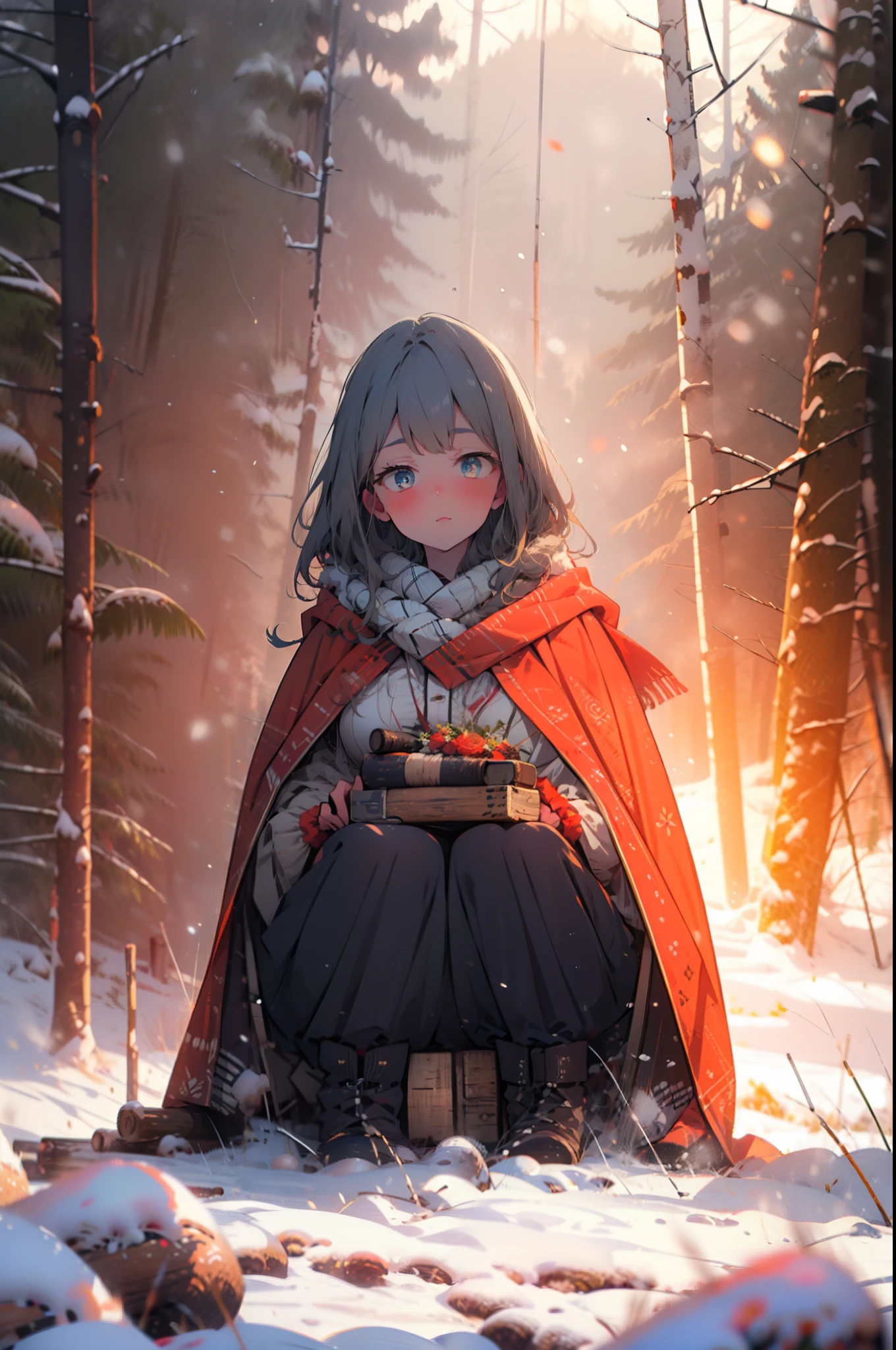 6 flowers, rikka takarada, Black Hair, blue eyes, Long Hair, orange Scrunchie, Scrunchie, wrist Scrunchie,smile,blush,White Breath,
Open your mouth,snow,Ground bonfire, Outdoor, boots, snowing, From the side, wood, suitcase, Cape, Blurred, Increase your meals, forest, White handbag, nature,  Squat, Mouth closed, フードed Cape, winter, Written boundary depth, Black shoes, red Cape break looking at viewer, Upper Body, whole body, break Outdoor, forest, nature, break (masterpiece:1.2), highest quality, High resolution, unity 8k wallpaper, (shape:0.8), (Beautiful and beautiful eyes:1.6), Highly detailed face, Perfect lighting, Extremely detailed CG, (Perfect hands, Perfect Anatomy),