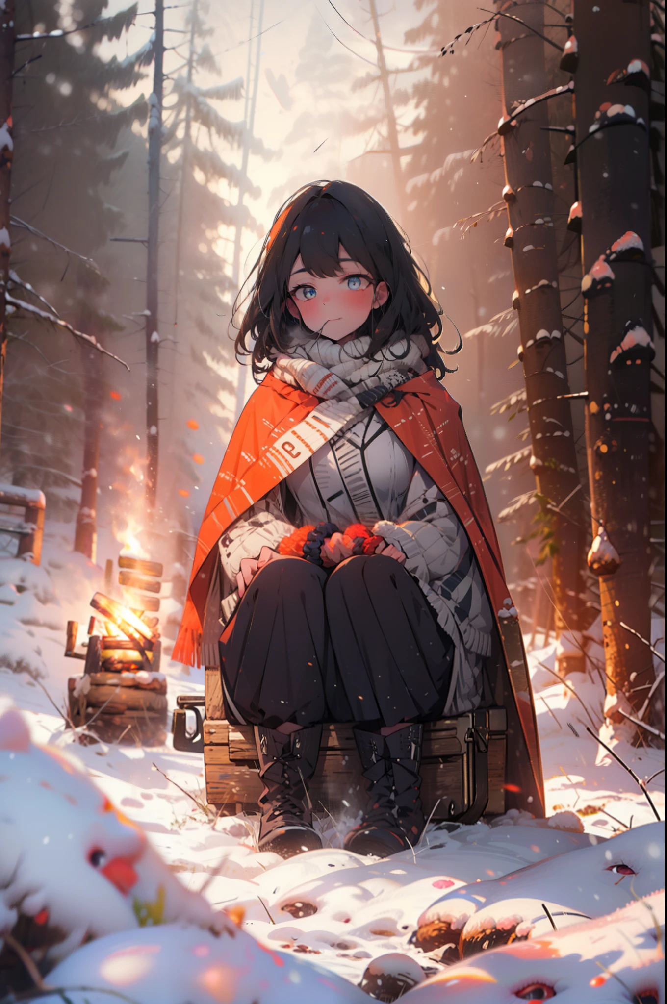 6 flowers, rikka takarada, Black Hair, blue eyes, Long Hair, orange Scrunchie, Scrunchie, wrist Scrunchie,smile,blush,White Breath,
Open your mouth,snow,Ground bonfire, Outdoor, boots, snowing, From the side, wood, suitcase, Cape, Blurred, Increase your meals, forest, White handbag, nature, Squat, Mouth closed, フードed Cape, winter, Written boundary depth, Black shoes, red Cape break looking at viewer, Upper Body, whole body, break Outdoor, forest, nature, break (masterpiece:1.2), highest quality, High resolution, unity 8k wallpaper, (shape:0.8), (Beautiful and beautiful eyes:1.6), Highly detailed face, Perfect lighting, Extremely detailed CG, (Perfect hands, Perfect Anatomy),