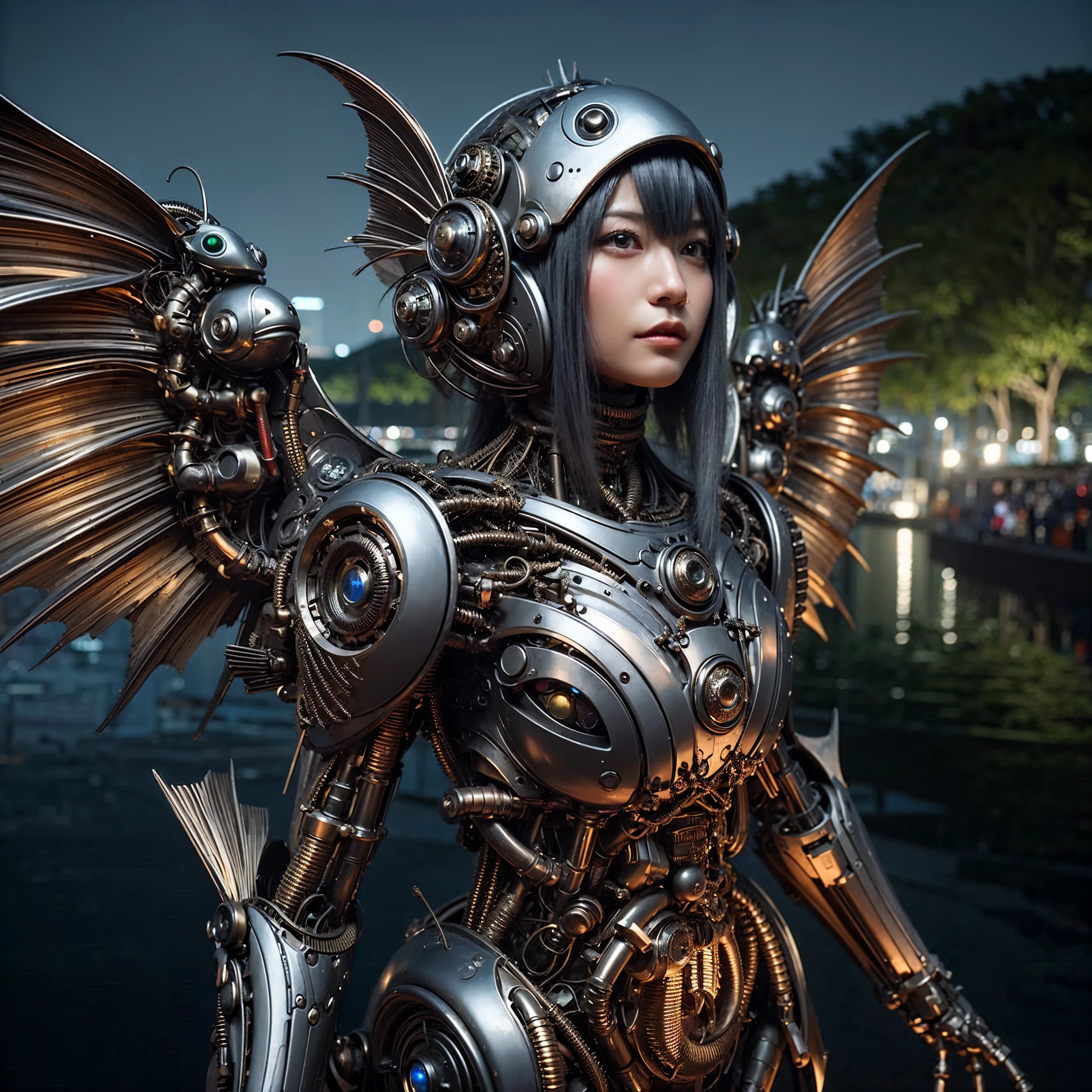 Masterpiece, (ultimate quality:1.2), 8k, Japanese woman in hedgehog-type powered suit, silver base with green and red accents, very beautiful face, mechanical, (mechanical bat wings), hydraulic cylinder, power pipe, ultimately intricate details, full body shot, (ultimate photo Realistic:1.37), Park with a beautiful view at night, (Steampunk: 1.2), (biopunk), Full body photo, Wide-angle shot, Please generate at least 4 photos.